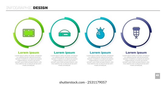 Ajuste a mesa de bilhar, Case para a deixa de bilhar, bola de boliche e bolso. Modelo de infográfico comercial. Vetor