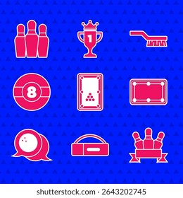 Set Billiard table, Case for billiard cue, Bowling pin, ball, Pool brush and  icon. Vector