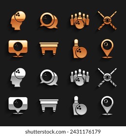 Set mesa de billar, cruzado billar cues y bola, ubicación con, Bowling pin, bowling, y el icono. Vector