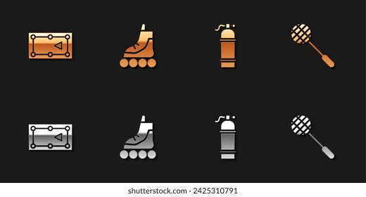 Set Billiard table, Roller skate, Aqualung and Tennis racket icon. Vector