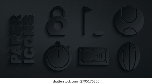 Set Billiard table, Tennis ball, Stopwatch, Rugby, Golf flag and Kettlebell icon. Vector