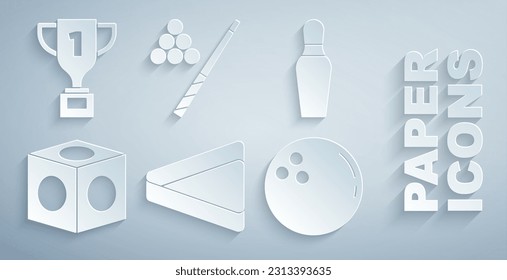 Set Billiard triangle, Bowling pin, chalk, ball, cue and and Award cup icon. Vector