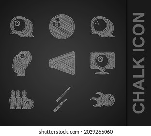 Establece el triángulo de Billiard, el cue, la bola de bolos, la ubicación con billar, pin y, e icono. Vector