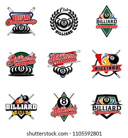 Set of billiards badges design logos with ball, sticks and simple text. Sport labels vector illustration for pool, poolroom or billiard club and team collection