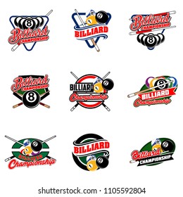 Set of billiards badges design logos with ball, sticks and simple text. Sport labels vector illustration for pool, poolroom or billiard club and team collection