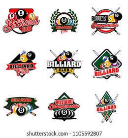 Set of billiards badges design logos with ball, sticks and simple text. Sport labels vector illustration for pool, poolroom or billiard club and team collection