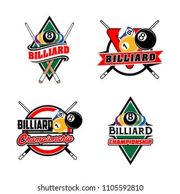 Set of billiards badges design logos with ball, sticks and simple text. Sport labels vector illustration for pool, poolroom or billiard club and team collection