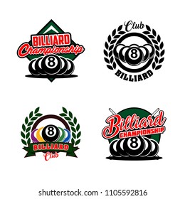 Set of billiards badges design logos with ball, sticks and simple text. Sport labels vector illustration for pool, poolroom or billiard club and team collection