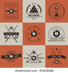 Set of billiards logos with simple text. Sport labels for poolroom, pool or billiards club.
