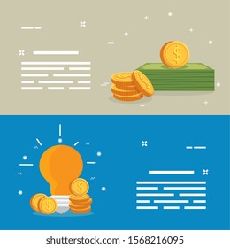 set of bills with coins and light bulb vector illustration design