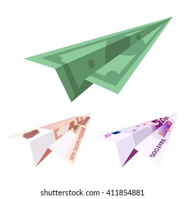 Set of bills. Dollar plane. Euro plane. Ruble plane. Paper dollar plane. Set of bills plane.