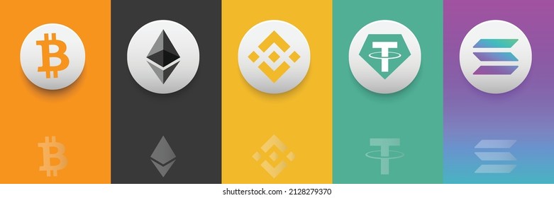 Set of Binance Coin, Bitcoin BTC, Ethereum ETH, Tether USDT and Solana SOL Crypto currency logo and symbol icons vector template. Can be used as stickers, badges, buttons and emblems