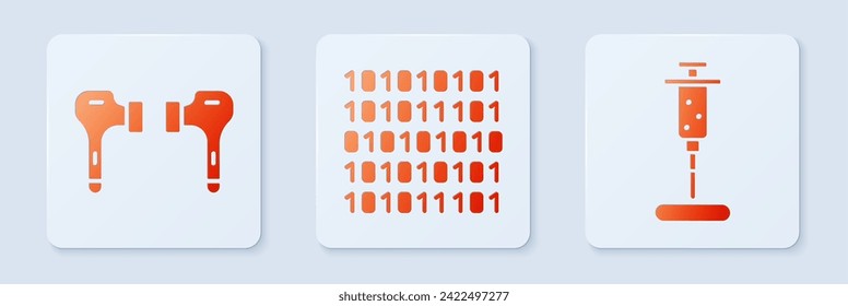 Set Binary code, Air headphones and Syringe. White square button. Vector