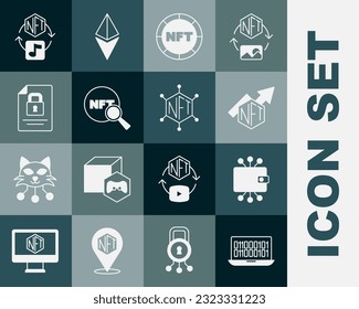 Set Binary code, Cryptocurrency wallet, NFT growth bar chart, Digital crypto, Search, Document and lock,  and blockchain technology icon. Vector