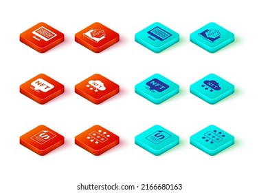 Set Binary code, Cyber security, NFT Digital crypto art, cloud, Laptop with store app and  icon. Vector