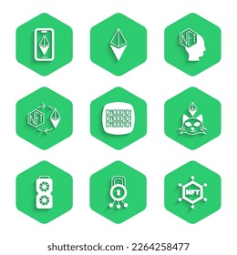 Set Binary code, Cyber security, NFT blockchain technology, Digital crypto art, Video graphic card, Ethereum exchange,  and ETH icon. Vector