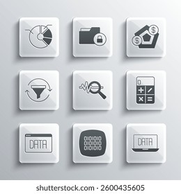 Set Binary code, Data analysis, Calculator, Search data, Sales funnel with chart, Pie infographic and Financial growth icon. Vector
