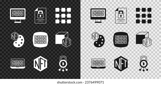 Set Binary code, Document and lock, NFT blockchain technology, Digital crypto art, Cyber security,  and  icon. Vector