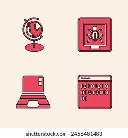 Set Binary code, Earth globe, Insects frame and Laptop icon. Vector