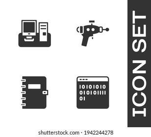 Establece código binario, monitor con teclado, portátil espiral e icono de pistola Ray. Vector