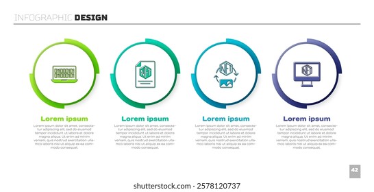 Set Binary code, NFT contract, Digital crypto art and Monitor with store app. Business infographic template. Vector