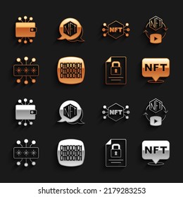 Set Binary code, NFT Digital crypto art, Document and lock, Cyber security, Cryptocurrency wallet and  icon. Vector