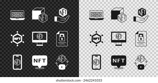 Set Binary code, NFT Digital crypto art, Mobile with store app, blockchain technology and Monitor icon. Vector