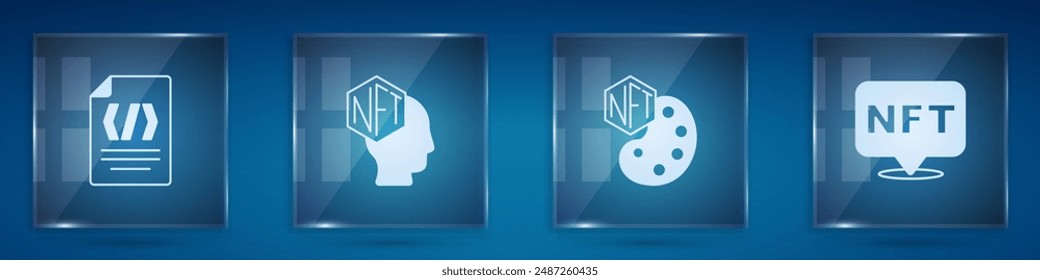 Set Binary code, NFT Digital crypto art,  and . Square glass panels. Vector