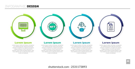 Set Binary code, NFT Digital crypto art,  and Document and lock. Business infographic template. Vector