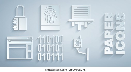 Set Binary code, Paper shredder, Website template, Security camera, Fingerprint and Safe combination lock icon. Vector