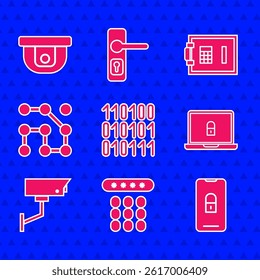 Set Binary code, Password protection, Mobile with closed padlock, Laptop and, Security camera, Graphic password, Safe and Motion sensor icon. Vector
