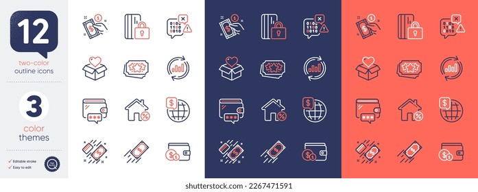 Set of Binary code, Payment and Wallet line icons. Include Payment method, Buying accessory, Donation icons. Loyalty points, Loan house, Blocked card web elements. Update data, World money. Vector