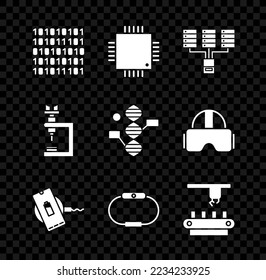 Set Binary code, Processor with microcircuits CPU, Server, Data, Web Hosting, Wireless charger, Smartwatch, Factory conveyor system belt, Microscope and DNA symbol icon. Vector