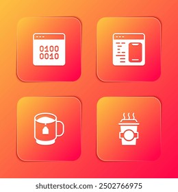 Set Binary code, Software, Cup tea with tea bag and Coffee cup to go icon. Vector