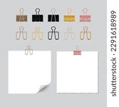 Set of binder, clamp, fasteners document sheets clip, metal school stationery, office accessories. Realistic Vector illustration
