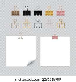 Set of binder, clamp, fasteners document sheets clip, metal school stationery, office accessories. Realistic Vector illustration