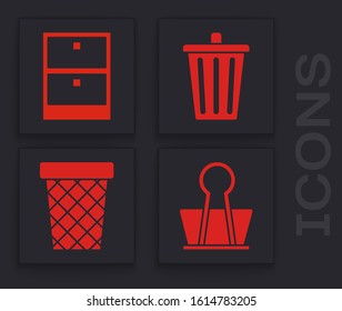Set Binder clip, Archive papers drawer, Trash can and Trash can icon. Vector