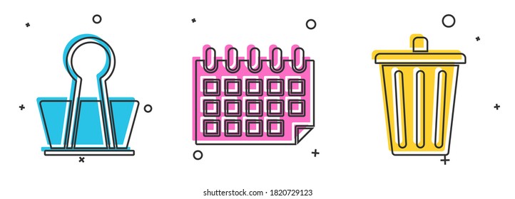 Set Binder clip, Calendar and Trash can icon. Vector