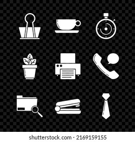 Set Binder clip, Coffee cup flat, Briefcase, Search concept with folder, Office stapler, Tie, Flowers pot and Printer icon. Vector