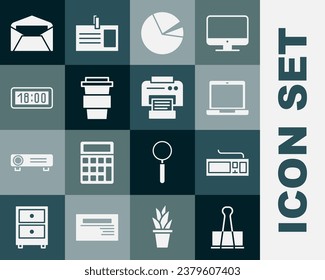 Set Binder clip, Keyboard, Laptop, Pie chart infographic, Coffee cup go, Digital alarm clock, Envelope and Printer icon. Vector