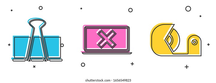 Legen Sie Binder-Clip, Laptop und Cross-Markieren auf dem Bildschirm und Scotch-Symbol. Vektorillustration