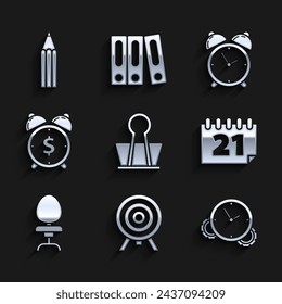 Set Binder clip, Target, Time Management, Calendar, Office chair, Alarm clock with dollar symbol,  and Pencil icon. Vector