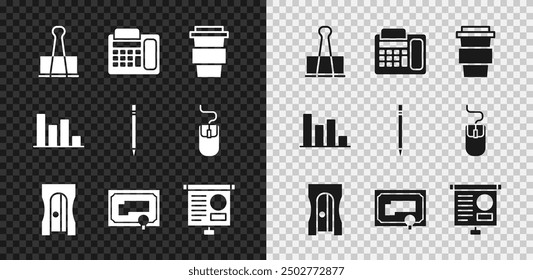 Set Binder clip, Telephone, Coffee cup to go, Pencil sharpener, Certificate template, Chalkboard with diagram, Pie chart infographic and eraser icon. Vector