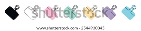 Set of binder clips isolated on a white background. Black Silhouette, Outline, Colored versions. Concept of office supplies, paper organization, minimalist stationery design, School Tool. Print, Icon.