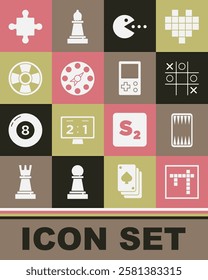 Set Bingo, Backgammon board, Tic tac toe game, Pacman with eat, Twister, Casino chip, Puzzle pieces toy and Tetris icon. Vector