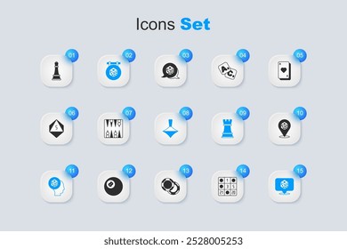 Definir cartão de bingo, tabuleiro de gamão, dados do jogo, xadrez e ícone de brinquedo de redemoinho. Vetor