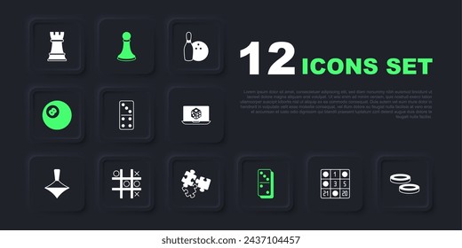 Set Bingo card, Checker game chips, Domino, Billiard pool snooker ball, Tic tac toe, Chess pawn and Puzzle pieces toy icon. Vector