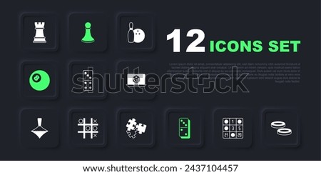Set Bingo card, Checker game chips, Domino, Billiard pool snooker ball, Tic tac toe, Chess pawn and Puzzle pieces toy icon. Vector