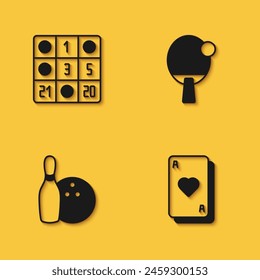Set Bingo card, Playing cards, Bowling pin and ball and Racket icon with long shadow. Vector