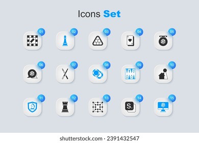 Set Bingo, Crossed billiard cues, Chess, Game dice, Chip for board game, Board and Casino chips icon. Vector